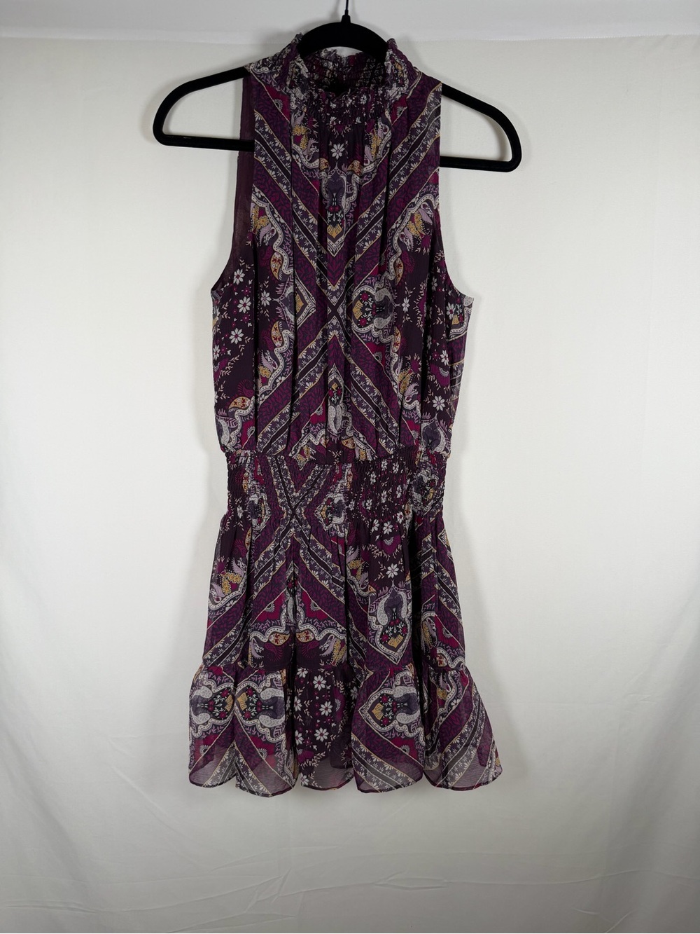 Ramy Brook Women Silk Chrissie Sleeveless Mini Dress Smocked waist Tiered Skirt